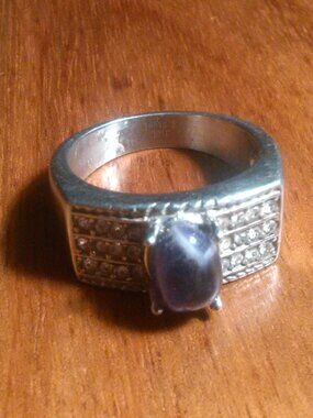 Men's Amethyst and White Crystal Stainless Steel Ring (Size 10)